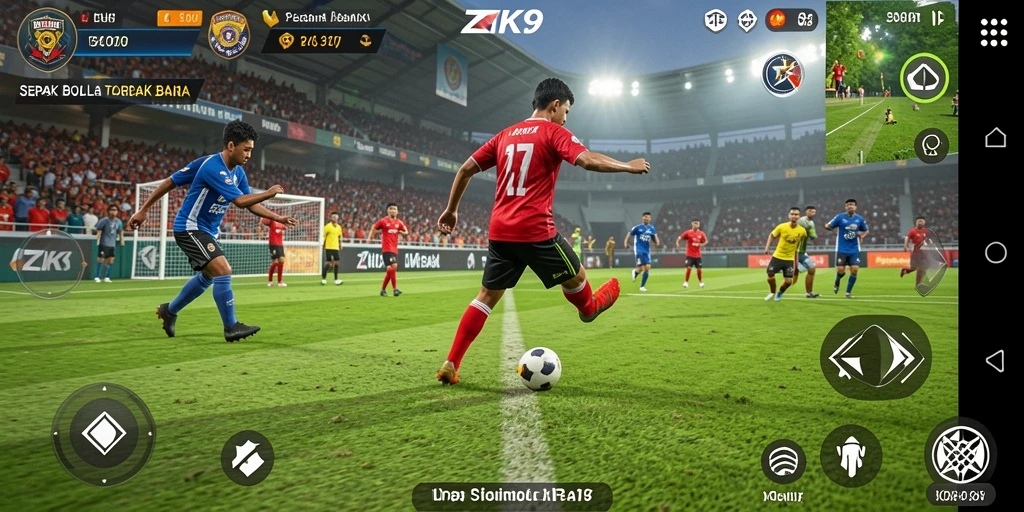 Tampilan gameplay menarik dari ZK9 menunjukkan aksi pertandingan sepak bola.